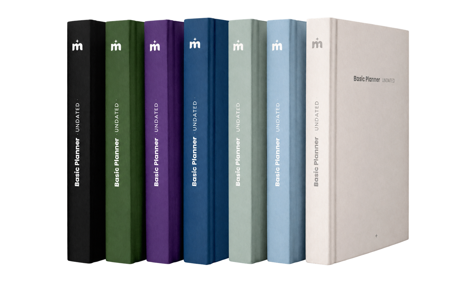 Basic Planner Undated morado de tapa dura sobre fondo crema